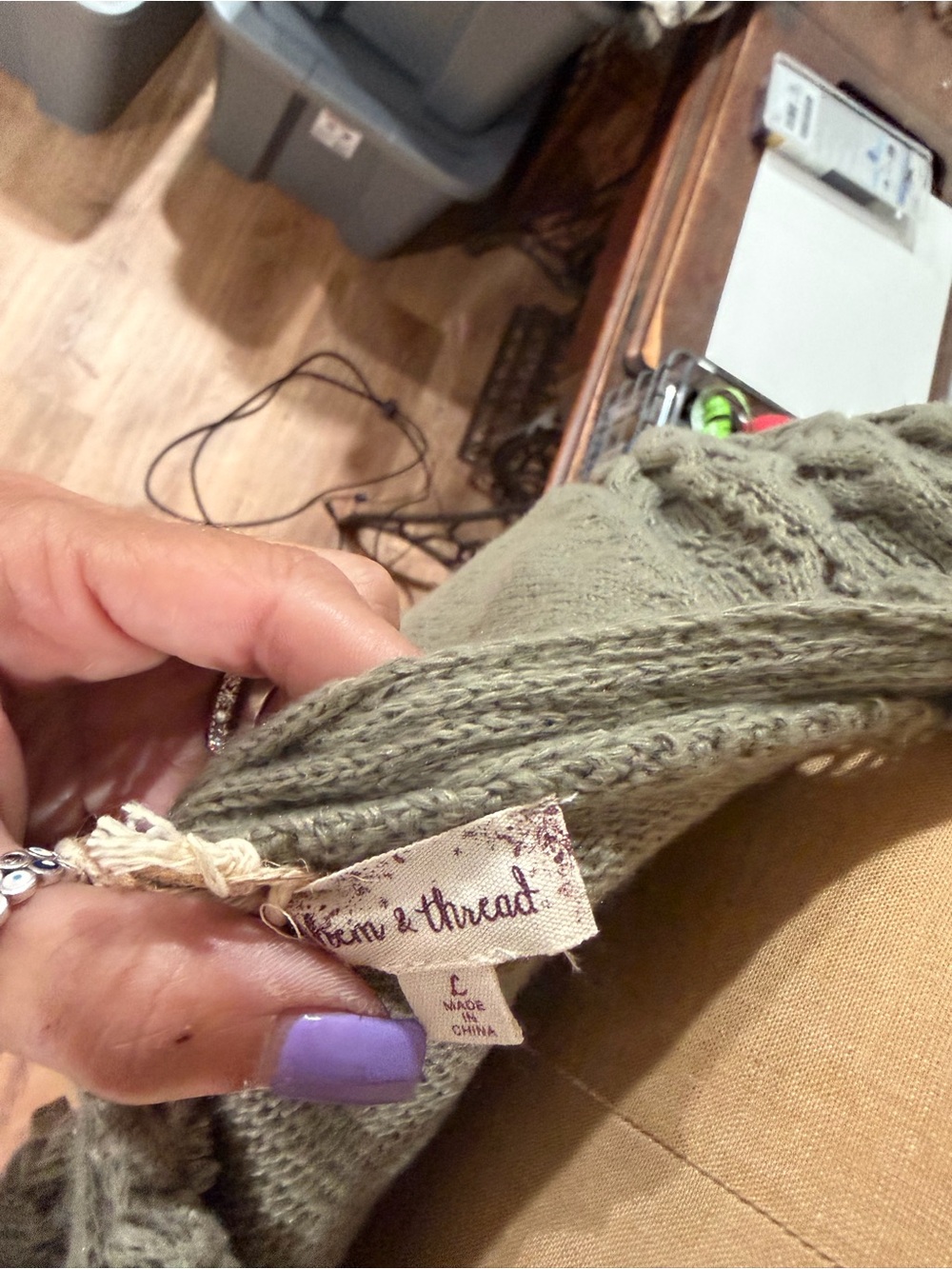Hem & Thread Olive Green Cable Knit V-Neck Wrap Sweater with Double Buttons - Picture 3 of 4